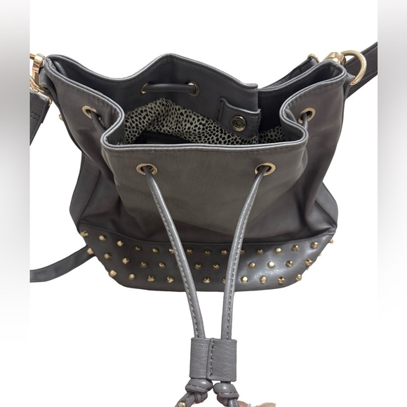 Gray Faux Leather Studded Bucket Bag – Drawstring Shoulder Purse - Picture 9 of 11
